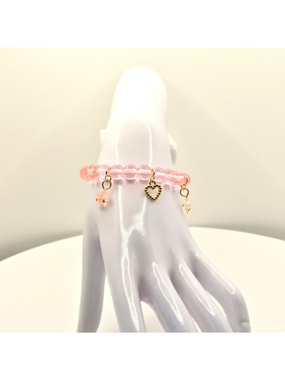 Pink Heart Bracelet, Cute Beaded Bracelet, Feminine Stretch Bracelet, Romantic J